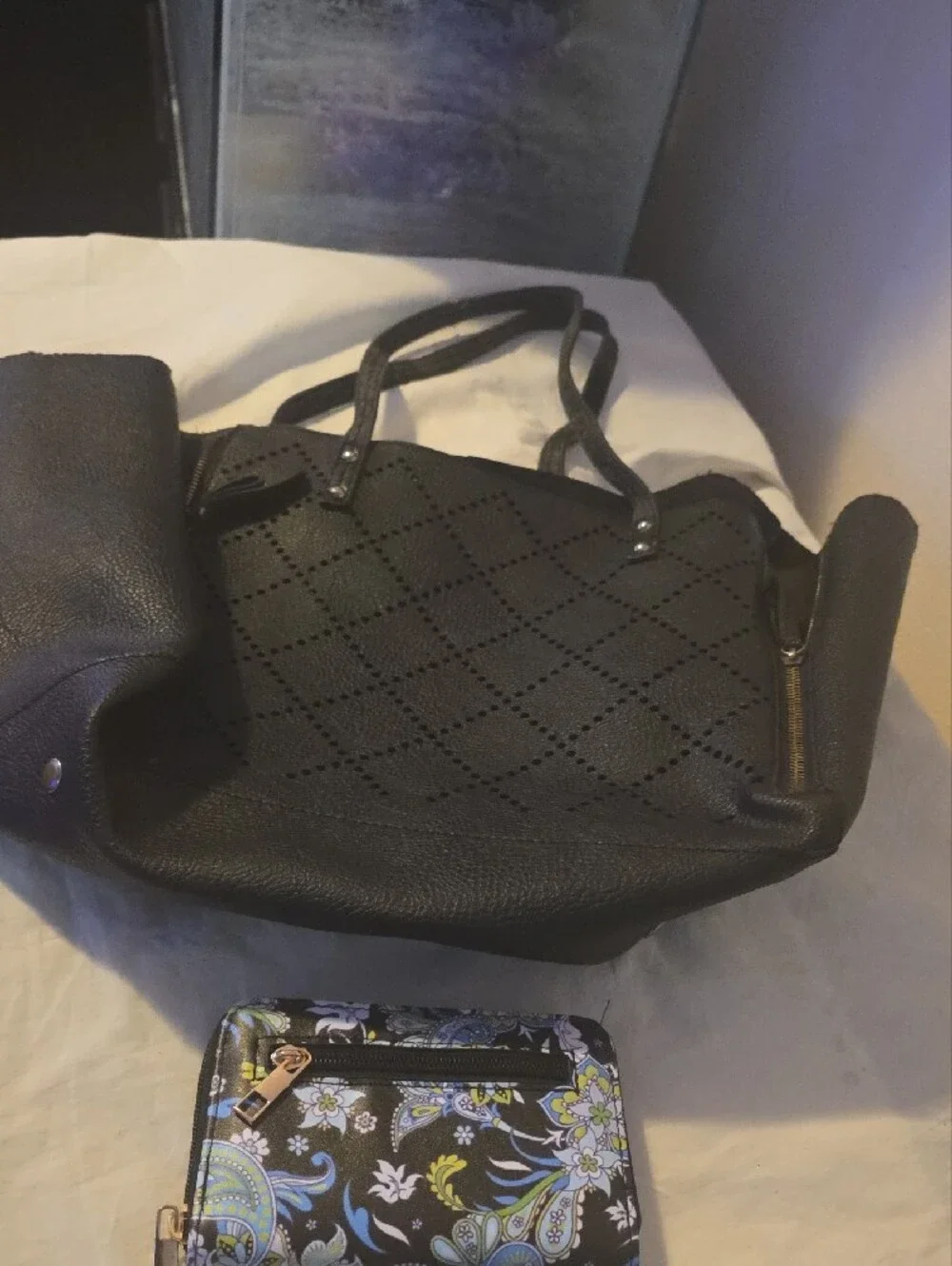 Black Women’s Tote Bag with Floral Zip Wallet